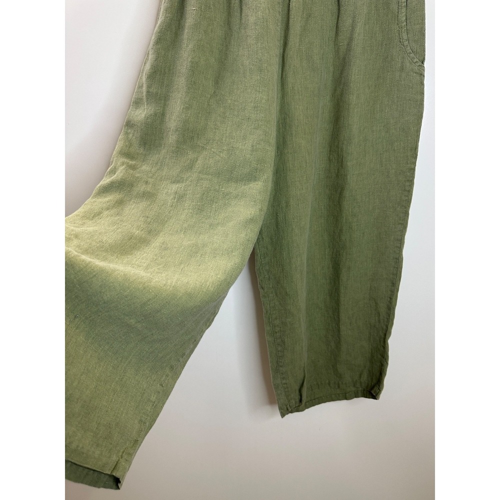 Flax 100% Linen Crop Pants Wide Leg Elastic Waist Faded Green Medium Lagonlook - Picture 3 of 15